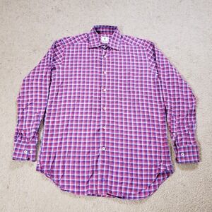 David Donahue Shirt Men Medium Red Blue Plaid Button Up Business Casual Career
